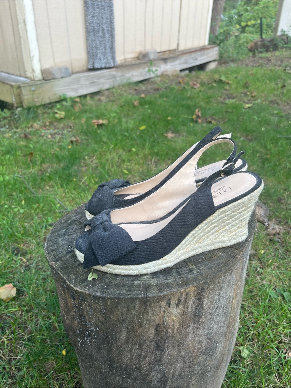 Talbots Canvas Black Bow Peep Toe Wedges Size 7.5